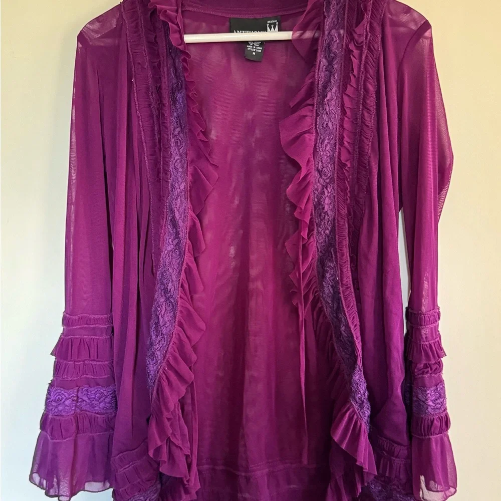Sold- Antthony Purple Sheer Ruffles Cardigan - Picture 9 of 9